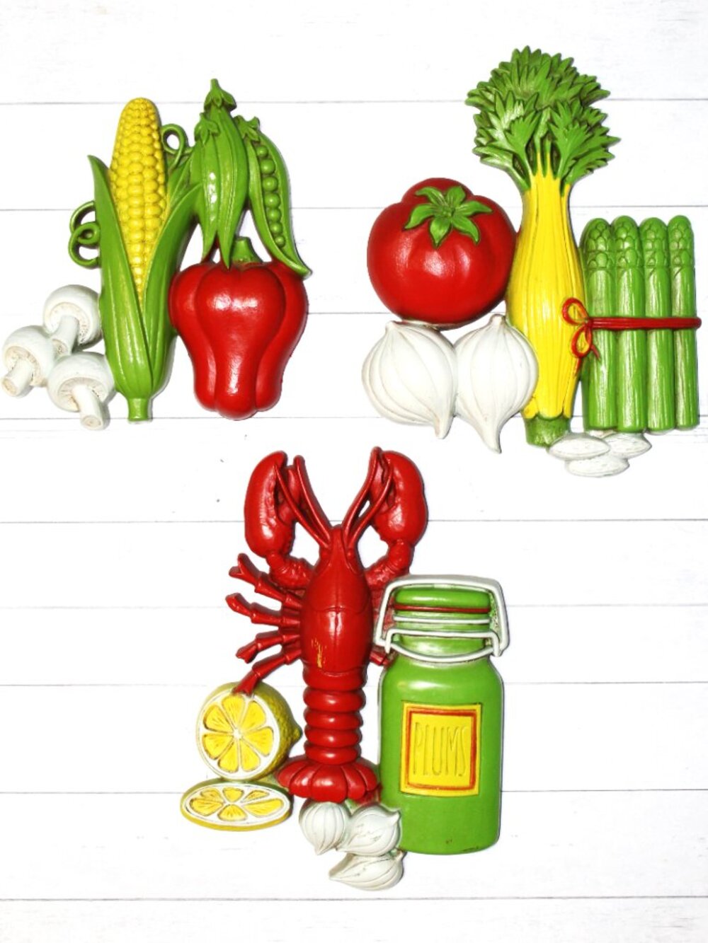 Vintage 1975 Homco Lobster Vegetables Wall Plaques Set of 3 | Retro Farmhouse